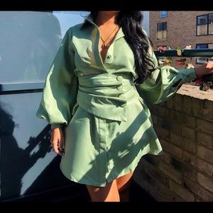 Sage Green Button Waist Shirt Dress